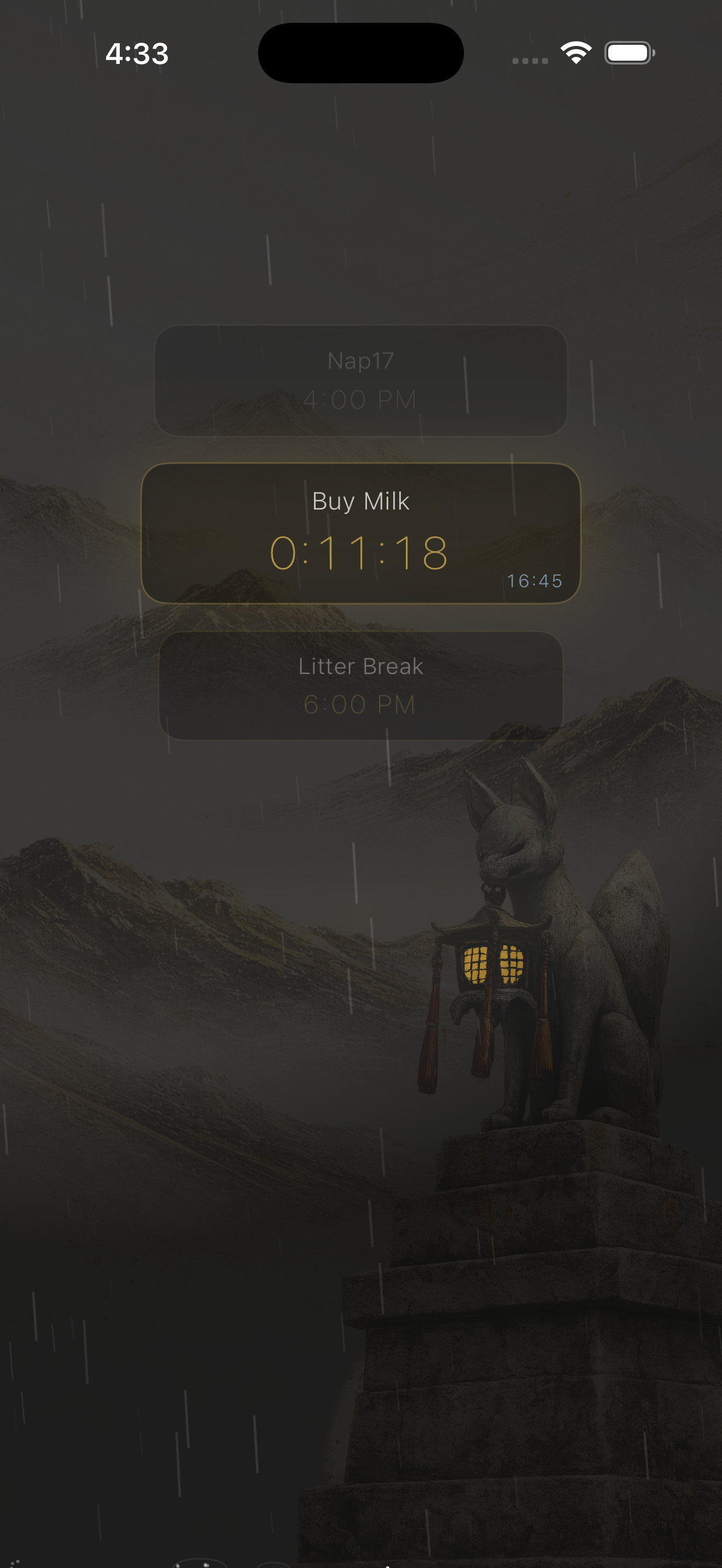 meOwgenda Purrmodoro focus screen with zen countdown cards, rain, and kitsune lantern statue